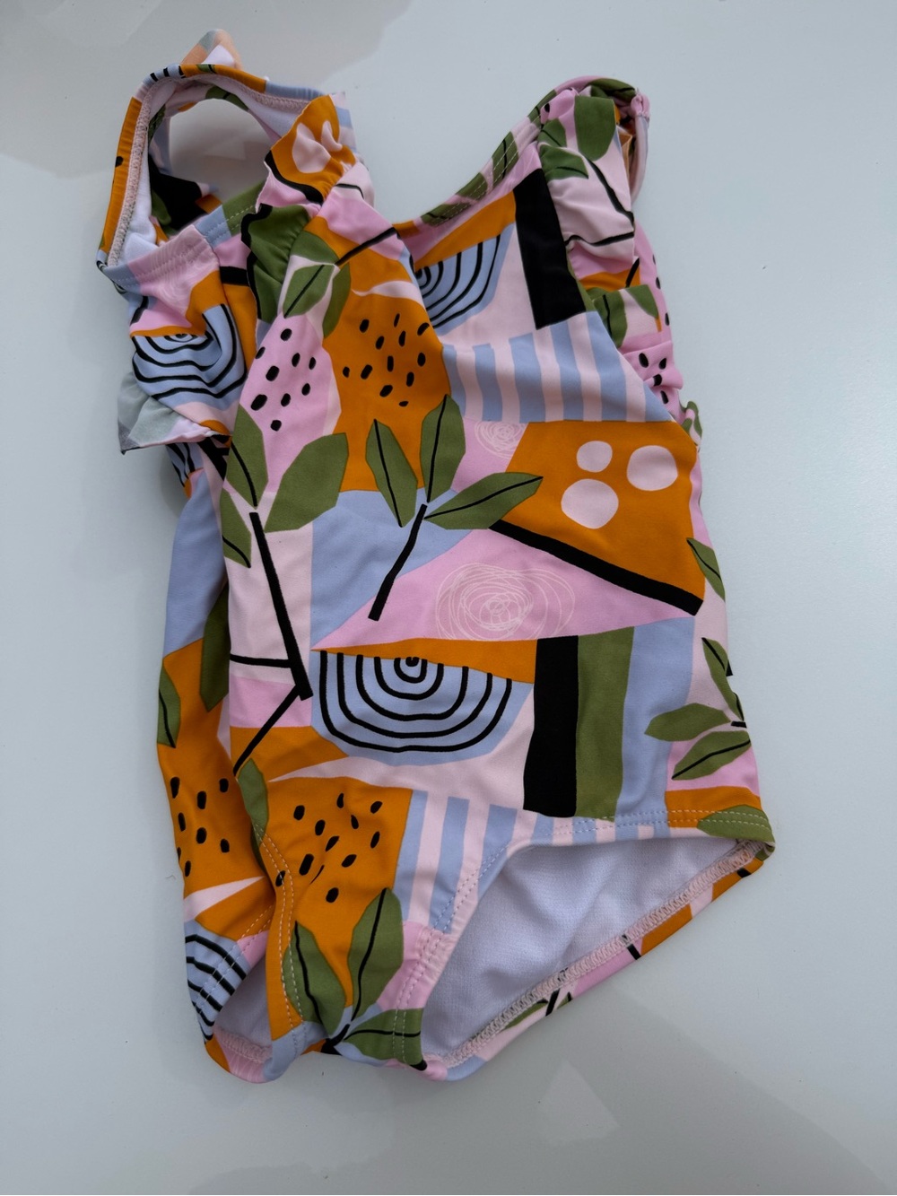 Girls' Pink Multi-Pattern One-Piece Swimsuit with Leaf Motif